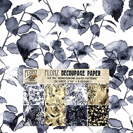 Decoupage Paper Pack (24 Sheets 6"x6") Monochrome Leaves Pattern FLONZ Vintage Styled Seamless Pattern Paper for Decoupage, Craft and Scrapbooking Dark Winter Forest