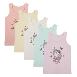 Donella Girls Undershirts Prints - Soft Cotton Toddler Girl Tank Tops 5 Pack, Unicorn Bliss, Age: 10-11