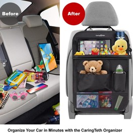 CARINGTETH Back Seat Organizer with Foldable Tray & Large Pockets | Multi-Use Backseat Car Organizer, Seat Back Protector Kick Mats, Tablet Holder & Kids Road Trip Essentials (Black, 1PCS)