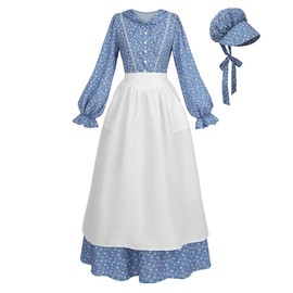 LTAKK Colonial Dress Women Pioneer Costume Pilgrim Prairie Dresses Floral Civil War Dress with Bonnet and Apron, Blue, Large