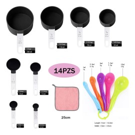 ABIGALE Juegos De 14 Cucharas Medidoras, Cucharas Y Tazas Medidoras Cocina Repostería Acero Inox Color Negro