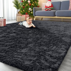 OLANLY 9x12 Machine Washable Large Area Rugs for Living Room, Bedroom, Soft Fluffy Shaggy Bedside Rug, Indoor Floor Carpet for Kids Girls and Boys, Dorms, Nursery, Home Decor Aesthetic, Black