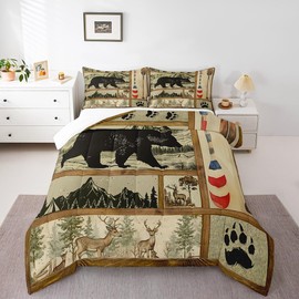 Farmhouse Hunting Bear Comforter Set Queen Size, Lake House Decor Bedding, Retro Woodland Lake Paddle Down Comforter, Deer Moose Wildlife Duvet Insert, Rustic Buffalo Grid Quilt Cabin Lodge Decor