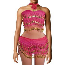 Baisdan - 2 Pieces Belly Dance Belt, Belly Dance Wrap Skirt with Gold Coins, Belly Dance Skirt for Zumba Latin Yoga Class, 2 Pieces, Red Rose