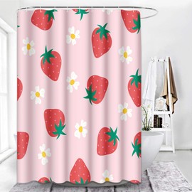 Boewywh Shower Curtain Sets Bathroom with 12 Hooks, Cute Strawberry Flower Fruit Theme, Bath Decor Light Pink Sweet Berry Girly Waterproof Polyester Bathing Curtain 72x72 Inch