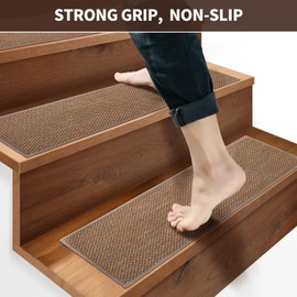 GROWLING Linen Stair Treads for Wooden Steps Indoor 30x8 inch, 15pcs Upgraded Self Adhesive Backing Non Slip Stair Carpets, Peel and Stick Stair Runner Rugs, Reusable Staircase Step Treads(Brown)