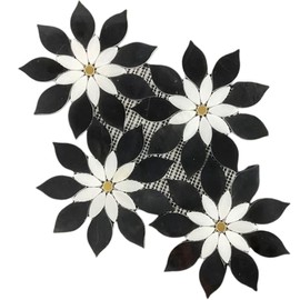 Tenedos TELD-MFW-12x12 Midnight Mystic Nero Black with White Marble Flower w/Gold Metal Mosaic Wall Floor Tile Backsplash for Kitchen, Bathroom Shower, Accent Decor, Fireplace (1 Sheet)