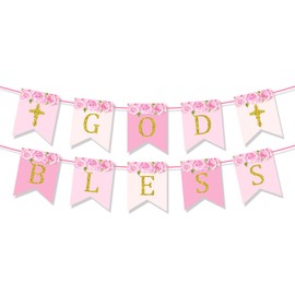 SANDOO God Bless Banner - Baptism Decorations for Girls Boys,First Communion Decorations,Christening Confirmation Decor,1st Holy Communion Decorations Baptism Sign,Religious Baptism Party Supplies