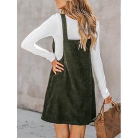 CUPSHE CUPSHE Women's Casual Mini Dress Square Neck Corduroy Solid Pocket Front Wide Straps Olive Green Short Overall Dresses