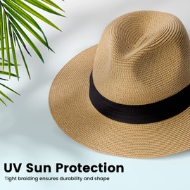 Sun Hat Womens Panama Hat Men Straw Hat Womens Wide Brim Hat Sun Protection Packable Roll up Fedora Beach Foldable Sun Hat with Chin Strap, Brown