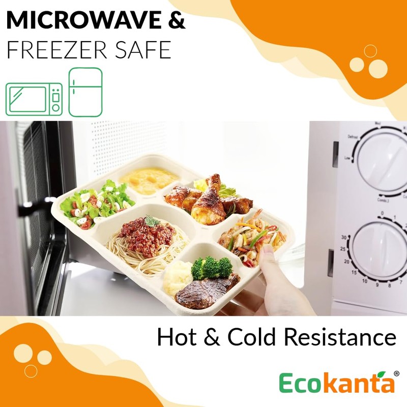 Ecokanta 100% Compostable 6-Compartment Dinner Plates - Eco-Friendly, Biodegradable Sugarcane