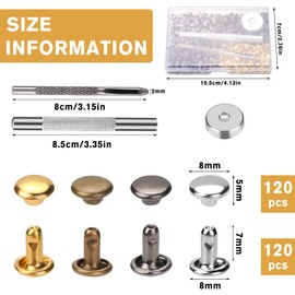 Easusy Rivets, 120 Sets 8 * 8mm Multicolor Leather Rivets, Double Cap Rivets with Hollow Punch & Punch Tool for Leather Crafts, Clothes, Shoes, Jackets