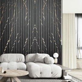 OUZUGIE WPC Acoustic Slat Wall Paneling, 8-Pack 96 x 6 Inches 3D Wall Panels for Interior Wall Decor,Living Room,TV Background,Study Room,Office Spaces,Bedroom,High Grille (Black Marble)