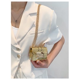 RoseSeek Women's Sparkly Metallic Clutch Evening Bags Chain Strap Flap Square Mini Shoulder Handbags, Gold, One Size