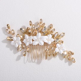 Teyglen Champagne Crystal Rhinestone Hair Comb with White Flower Hair Piece for Bride Flower Wedding Hair Comb Floral Hair Accessories for Women Bridal Party Prom Headpiece(Champagne)