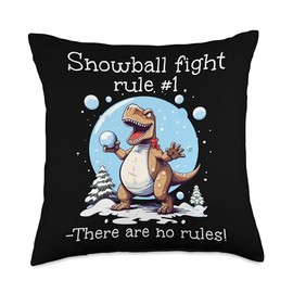 Funny Snowball Fight Rules Dinosaurs in Winter Season Throw Pillow, 18x18, Multicolor