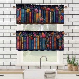 Bookshelf Kitchen Curtains Set of 2 Educational Bookcase Watercolor Flowers Rod Pocket Decorative Small Window Curtains Valance for Cafe Living Room Bathroom Window Treatment Valances 54x18 inch