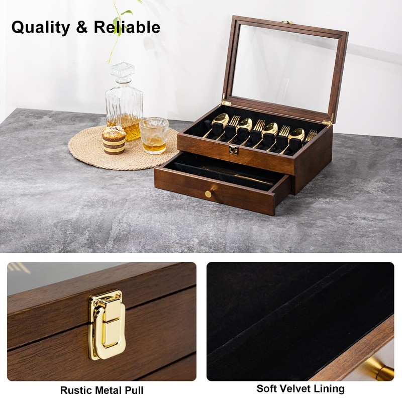Yoimori Silverware Box, 2-Layer Wooden Silverware Storage Box with Glass