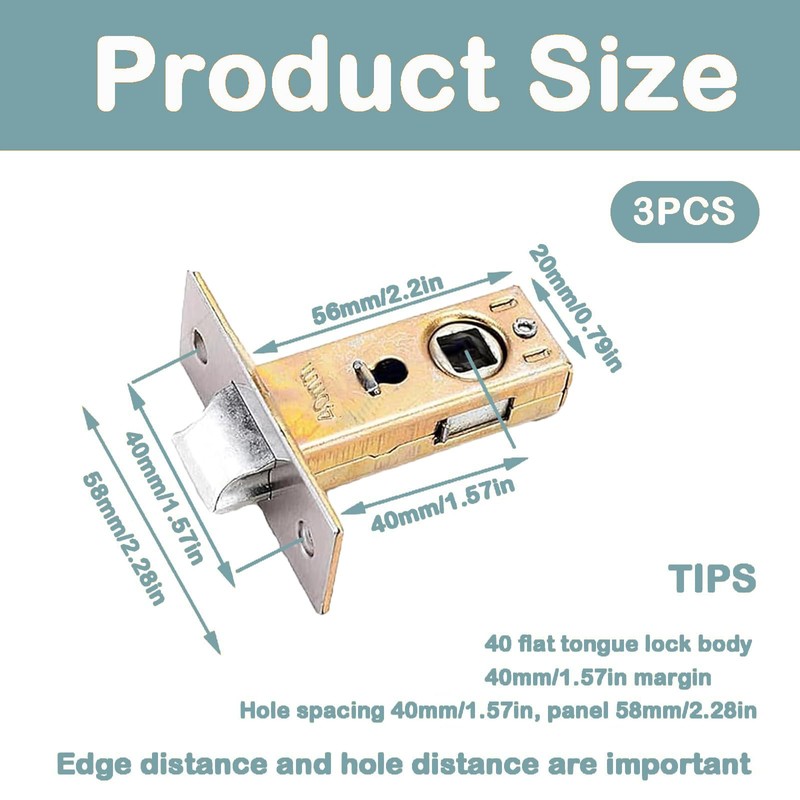 TOP-VIGOR 3Pcs 40mm Tubular Mortice Latch, Flat Tongue Lock Mute