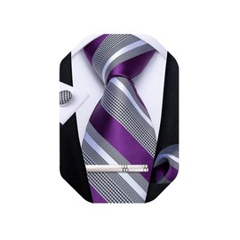 DiBanGu Mens Striped Tie Silk Woven Necktie and Pocket Square Cufflinks Tie Clip Set Wedding Business Formal, Purple and Grey