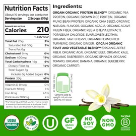 Orgain Organic 30g Vegan Plant Protein Powder, Vanilla, 9g EAAs + BCAAs, High Plant Protein, 4g Prebiotic + Fiber, 1g Sugar, Pre-Workout, Muscle Support + Recovery - 2.01lb (Packaging May Vary)