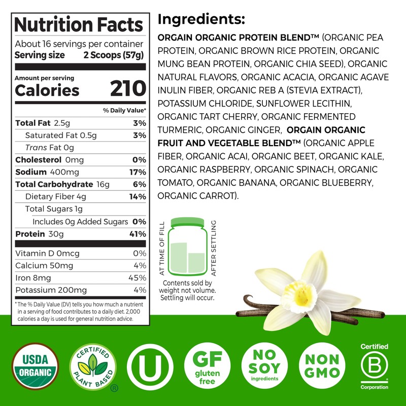 Orgain Organic 30g Vegan Plant Protein Powder, Vanilla, 9g EAAs