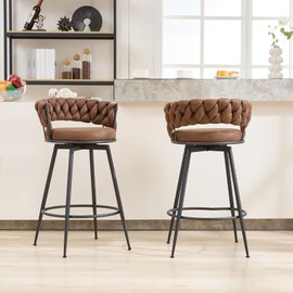 FUNCOLOR HOME Swivel Bar Stools Set of 2, 28 Inches Modern Counter Height Bar Stools with Woven Back, Upholstered Suede Tall Barstools for Kitchen Island, Cafe, Dark Brown