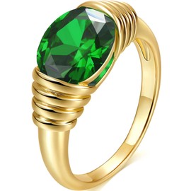AllenCOCO Emerald Heirloom Ring for Women Trendy, Chunky 14K Gold Plated Green Signet Statement Ring Simulated Emerald Gemstone Ring for Women Jewelry Gifts