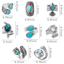 NEWITIN 8 Pieces Turquoise Rings for Women Spoon Ring Adjustable Western Ring Feather Ring Boho Statement Rings Vintage Ring Turquoise Jewelry Gifts for Women Men