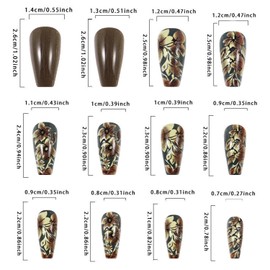 LWTZLW Brown Flower Press on Nails Brown Long Square Fake Nails Floral Full Cover Glue on Nails Coffin Acrylic False Nails Glossy Artificial Nail Reusable for Women