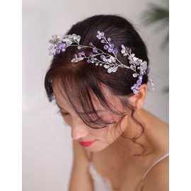 Denifery Purple Bridal Wedding Hair Vine Purple Natural Stone Hair Vine Crystal Headpieces Bride Hair Accessories for Women and Girls