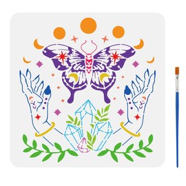 FINGERINSPIRE Moon Phases Painting Template with Brush 11.8x11.8inch Mystical Hands Butterflies Painting Template Stars Crystals Painting Stencils Reusable DIY Art Craft Stencil for Wood Floor Wall