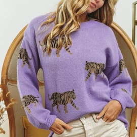 Women Y2k Sweaters Vintage Tiger Print Long Sleeve Pullover Sweater Fall Knitwear Streetwear (Purple Tiger Print, L)