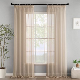 Woaboy Curtains with Ruffle Tape, Voile Curtains, Living Room, Transparent Sheer Curtains, Store Curtain, Bedroom, Modern Loop Curtains, Set of 2, 140 x 225 cm (W x H), Beige