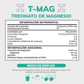 T-MAG L-Treonato Magnesio | Magnesio y Acerola | Alta absorción con Piperina al 95% | Sin Azúcar - Suplemento Alimenticio Vegano Beyond Vitamins - Ing