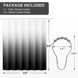 AmazerBath Shower Curtain, Ombre Black Fabric Shower Curtain Set with 12 Shower Curtain Hooks, Farmhouse Cloth Black and White Shower Curtain, Washable Bathroom Shower Curtain Sets, 72x84 Inche