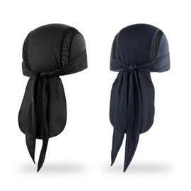 MELASA Mesh Do Rag Bandana Cap, Cooling Skull Cap Helmet Liner, Sweat Dew Rags Head Cover for Cycling Motorcycle Running(Black & Navy Blue)