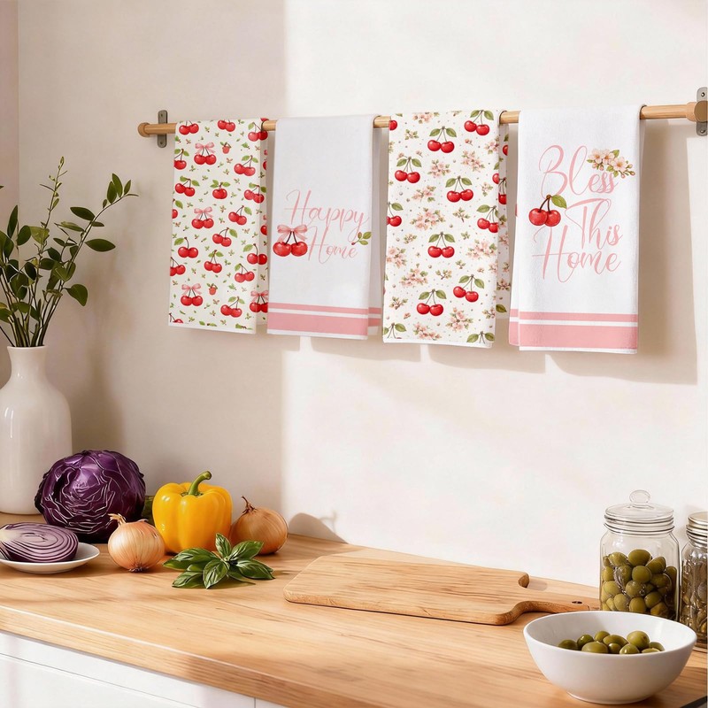 Fakindiy Cherry Kitchen Towels Set of 4,16x24 Inch Super Absorbent