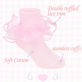 Durio Girls Ruffle Socks Toddler Girl Socks With Big Double Lace Ruffle Colorful Frilly Dress Socks for Toddler Girls Kids Light Green&Pink&Purple 5-7 Years 3 Pairs