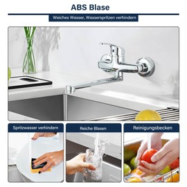 Rozin Kitchen Tap Wall Mounted Chrome Cold Hot Single Lever Mixer Tap Two Holes Kitchen Tap Wall Mounted 23 cm 360° Swivel Arm Stainless Steel