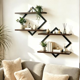 Geometric Floating Shelves Set of 2 Wood Wall Mounted Display Rack