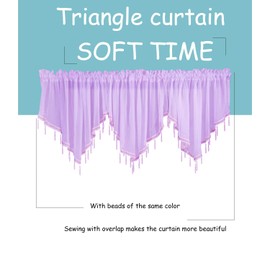 Swag Curtain 63 inch Length, Rod Pocket Scalloped Curtain Valance Sheer Lace Panels with Hanging Crystal Beads for Farmhouse Kitchen Bedroom Window Treatments Drape Decor 1 pc(63inch, Purple)