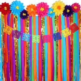 16 Piezas Conjunto de Decoraciones de Fiesta Mexicana Flores de Papel Mexicanas Telón de Fondo de Cortina de Flecos Serpentina y Pancarta Papel Picado para Cinco de Mayo Boda (Estilo Elegante)