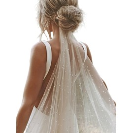 SAWINDA Pearl Wedding Veil Short Bridal Veil White Mini Veils Non-slip Fingertip Tulle Hair Accessory for Brides Women Bridal Shower Bachelorette Party