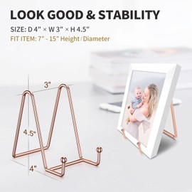 3 Pack Plate Stands for Display, 4.5 Inch Picture Stand Black Iron Easel Decorative Plate Holder Display Stand, Metal Photo Frame Stand for Decorative Dish, Book, Tablets, Tabletop Art (4.5 Inch, Rose Gold)
