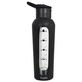 haelo 24oz Glass Motivational Water Bottle with Flip Lid Straw, Silicone Protective Sleeve, Handle, Reusable BPA Free (Black)