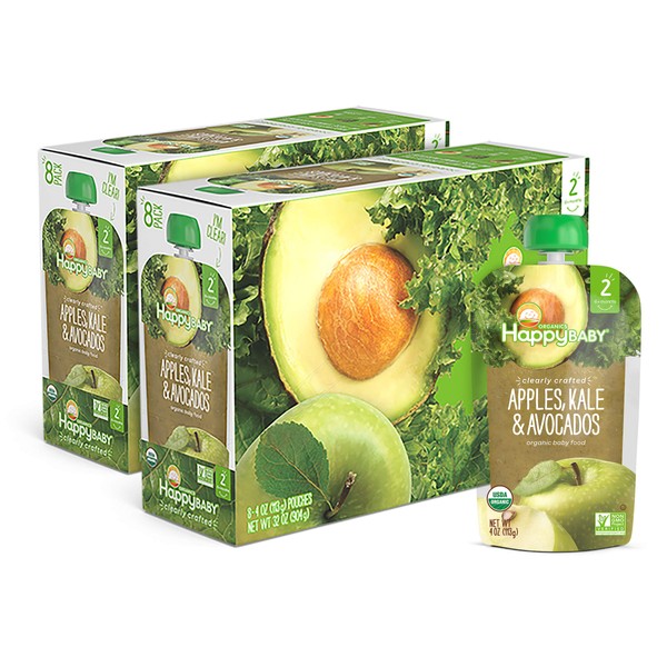 Happy Baby Organics Clearly Crafted Stage 2 Baby Food Apples, Kale & Avocados, 4 Ounce Pouch (Pack of 16) (Packaging May Vary)