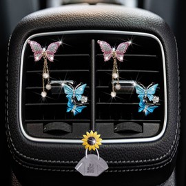 4 Pcs Bling Butterfly Air Vent Clips, Pink & Blue Butterfly Car Air Fresheners Vents Clips Car Diffuser Diamond Car Interior Decor Cute Car Accessories Car Decoration for Women +Sunflower Mask Hook