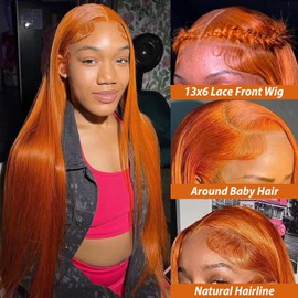 Btomar Ginger Wig Human Hair 13x6 Lace Front Wigs Straight HD Transparent Lace Front Wigs Ginger Orange Wig Pre Plucked 180% Density #350 Colored Copper Red Human Hair for Women (24 Inch)