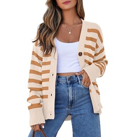 EVALESS Womens Striped Christmas Cardigan Sweaters Trendy 2024 Fall Winter Long Sleeve V Neck Lightweight Cardigans Open Front Button Down Knit Sweater Tops Apricot Stripe Medium
